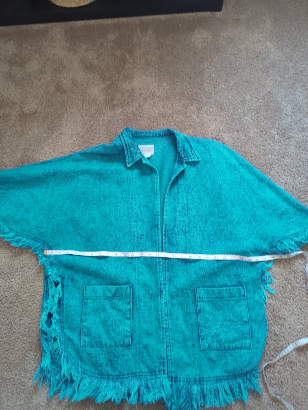 Vintage Sundance Denim Wear Teal Acid Wash Fringe Poncho Cape Jacket S USA Boho - Picture 12 of 13
